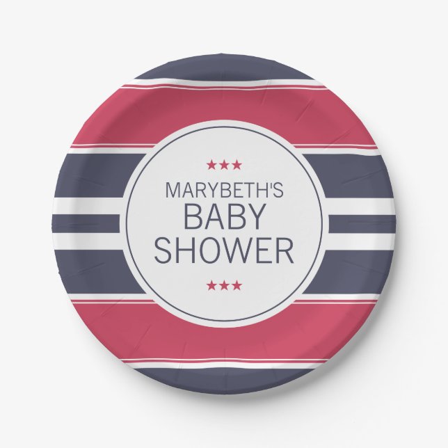 Preppy Red, White & Blue Baby Shower Paper Plate (Front)