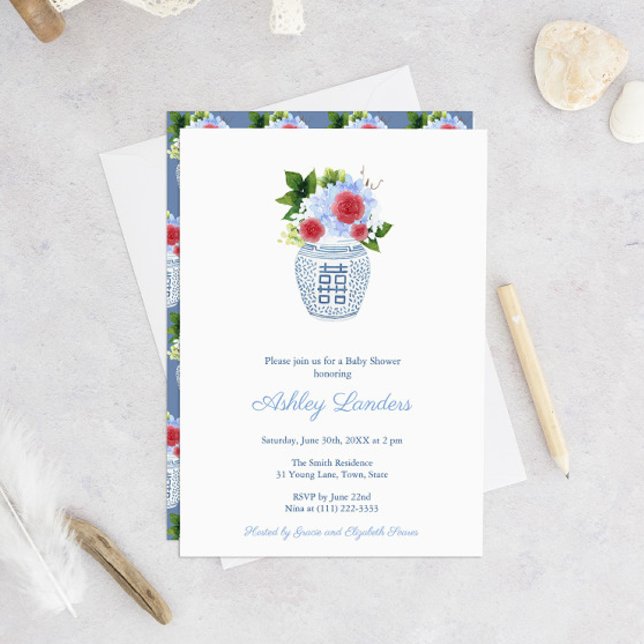 Preppy Red White Blue Boy Baby Shower Party Invitation (Baby Shower Invitation With Red White Blue Florals In Ginger Jar Vase And Repeat Pattern Vase Backer)
