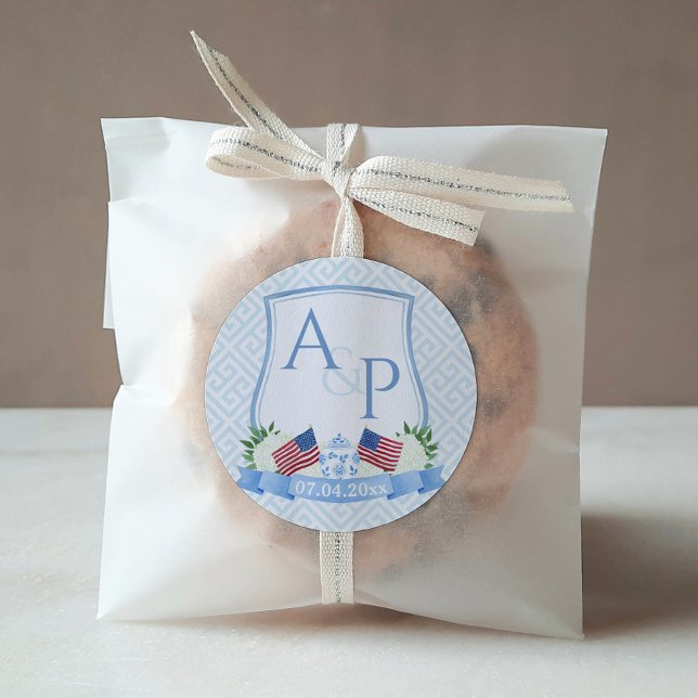 Preppy Red White Blue Flag Wedding Crest Favour Square Sticker (Elegant Red White And Blue Wedding Monogram Crest Thank You Favor Sticker Wedding Branding )