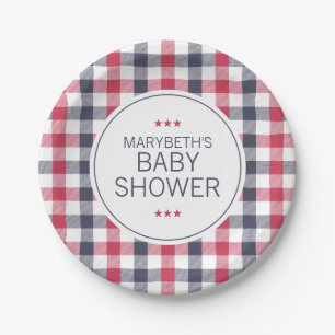 Preppy Red, White & Blue Plaid Baby Shower Paper Plate