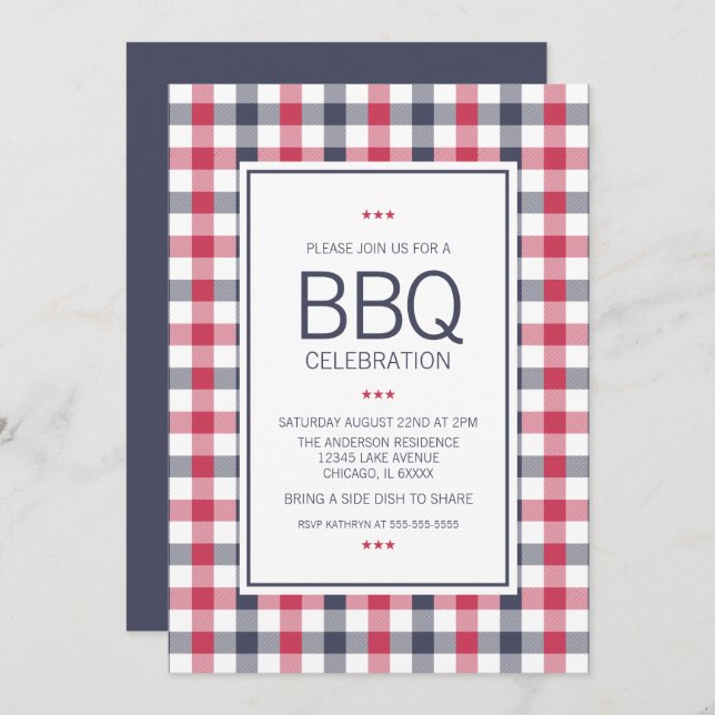 Preppy Red,White & Blue Plaid BBQ Party Invitation (Front/Back)