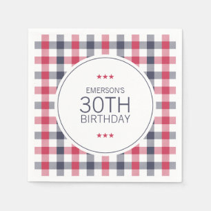 Preppy Red, White & Blue Plaid Birthday Napkin