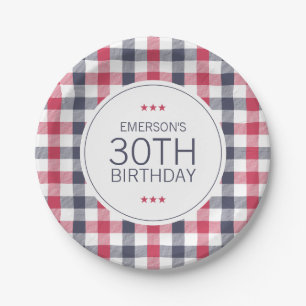 Preppy Red, White & Blue Plaid Birthday Paper Plate