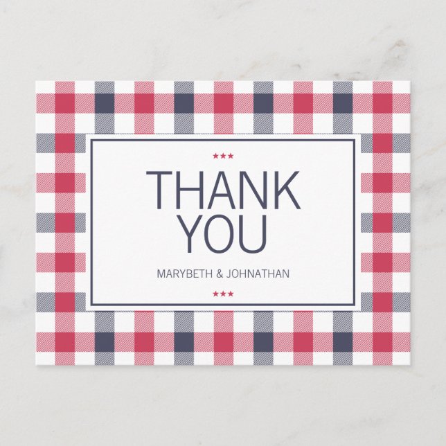 Preppy Red, White & Blue Plaid Thank You Postcard (Front)