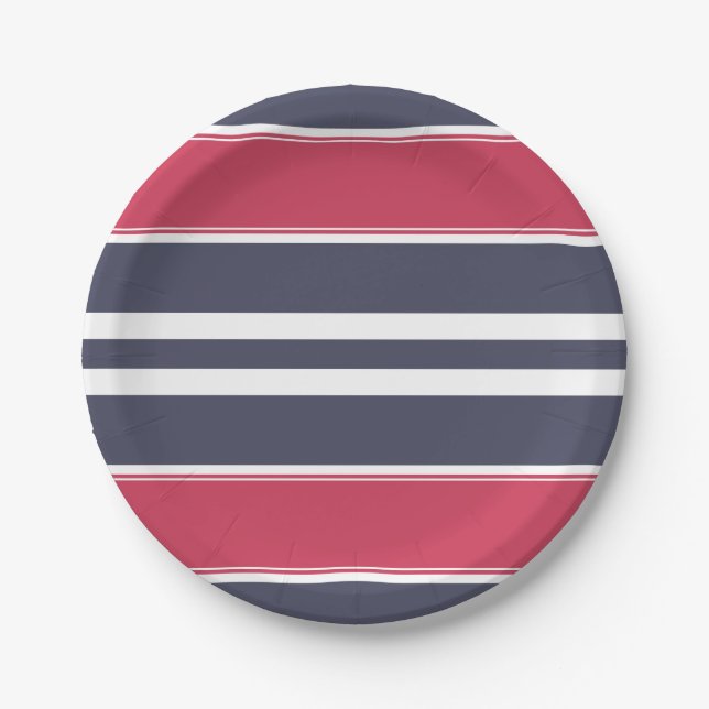 Preppy Red, White & Blue  Stripe Paper Plate (Front)