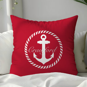 Preppy Red & White Nautical Anchor Monogram Cushion