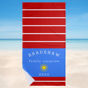 Preppy Red & White Nautical Striped Family  Beach Towel