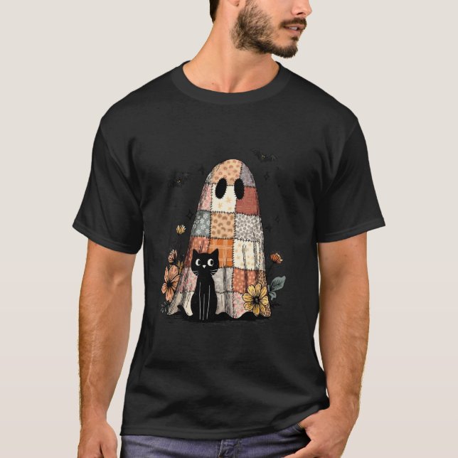 Preppy Retro Floral Patchwork Ghost and Black Cat  T-Shirt (Front)
