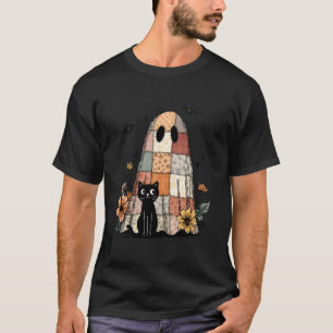 Preppy Retro Floral Patchwork Ghost and Black Cat T-Shirt