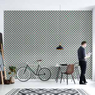 Preppy Retro Pink and Green Geometric Chequerboard Wallpaper