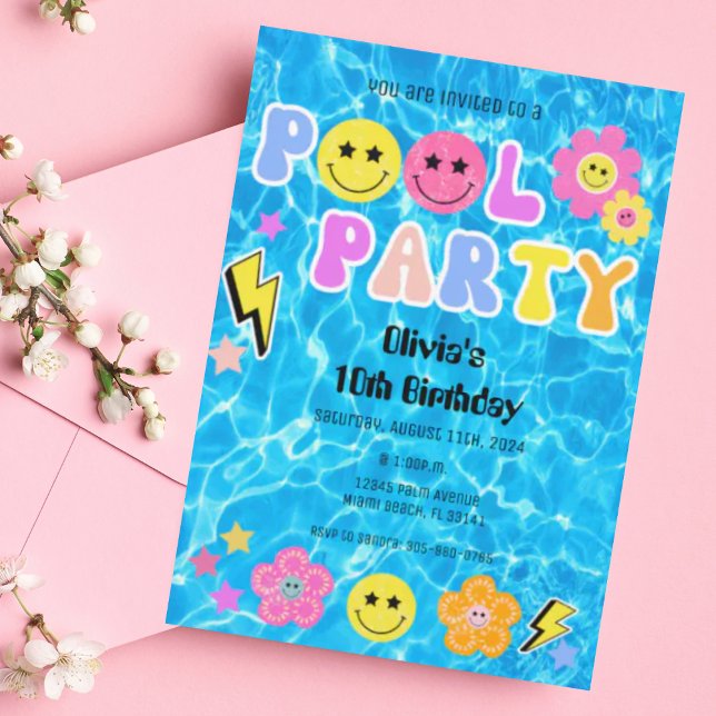Preppy Retro Y2K Pool Party Happy Face Birthday Invitation (Creator Uploaded)