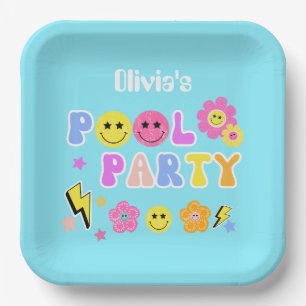 Preppy Retro Y2K Pool Party Smiley Birthday Paper Plate