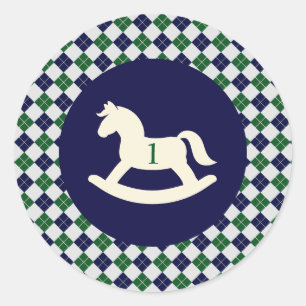Preppy Rocking Horse Argyle 1st Birthday Classic Round Sticker