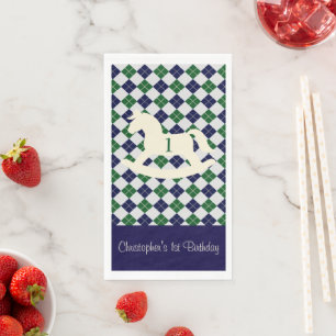 Preppy Rocking Horse Argyle 1st Birthday Napkin