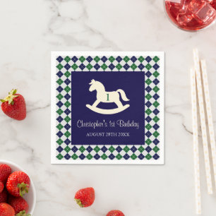Preppy Rocking Horse Argyle 1st Birthday Napkin
