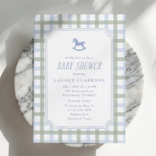 Preppy Rocking Horse Blue and Sage Plaid Baby Show Invitation