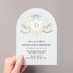 Preppy Rocking Horse Boy First Birthday Acrylic Invitations
