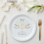 Preppy Rocking Horse First Birthday Paper Plate<br><div class="desc">Little boy’s first birthday in timeless style with this preppy rocking horse. Featuring soft pastel blue stripes,  classic rocking horse illustrations,  and an elegant monogram,  this design is perfect for a charming and sophisticated first birthday party.</div>