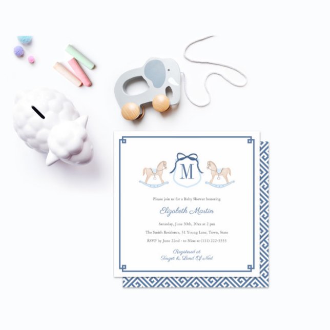 Preppy Rocking Horse Monogram Boy Baby Shower Invitation (Monogram rocking horse baby shower square invitation with navy blue greek key border and backer)