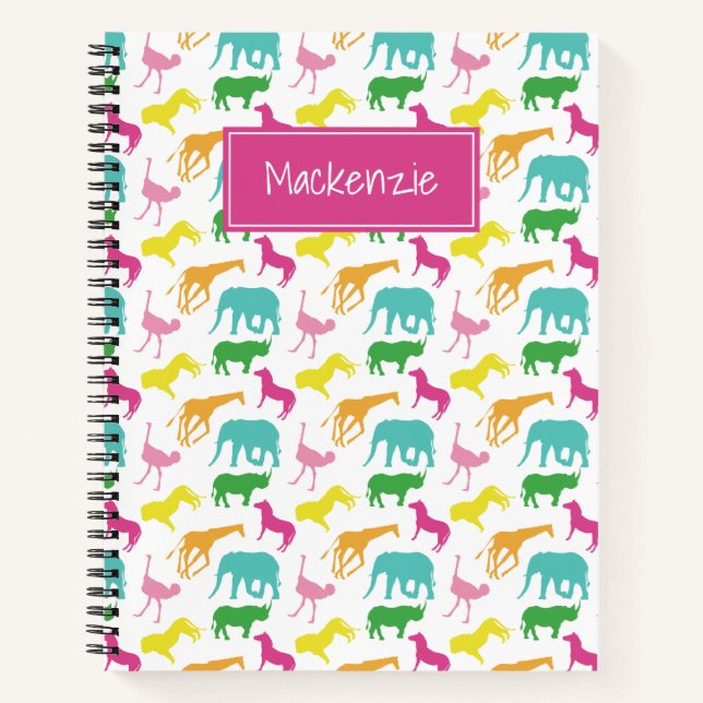 Preppy Safari Animal Pink Yellow Aqua Personalised Notebook (Front)