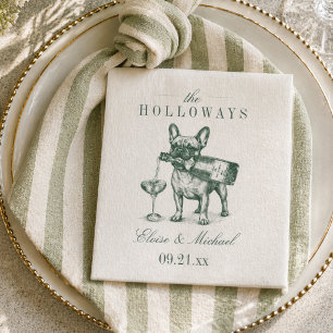 Preppy Sage Green French Bulldog Champagne Wedding Napkin