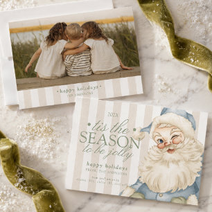 Preppy Sage Green Typography Santa Family Photo Holiday Card
