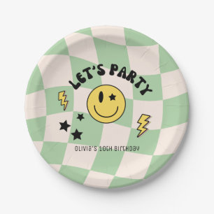 Preppy Sage Green Y2K Smiley Birthday Paper Plate