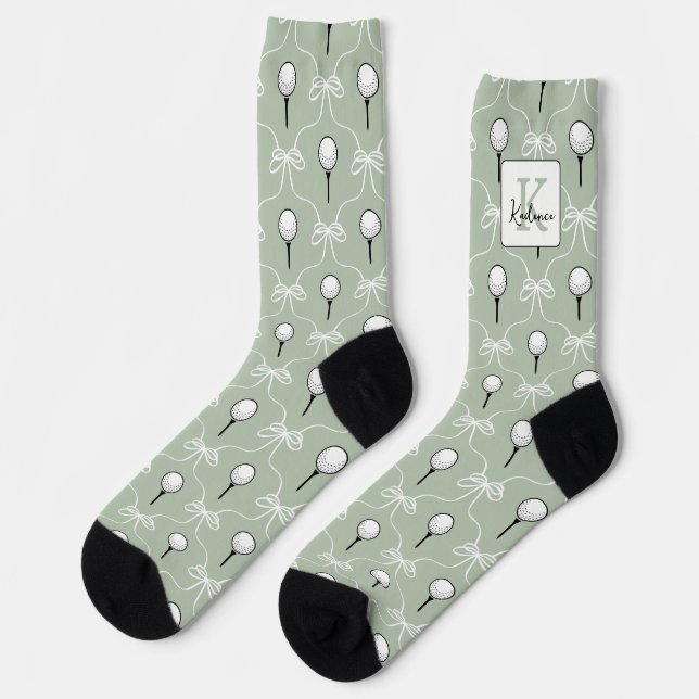 Preppy Sage White Bow Golf Pattern Monogram  Socks (Left)