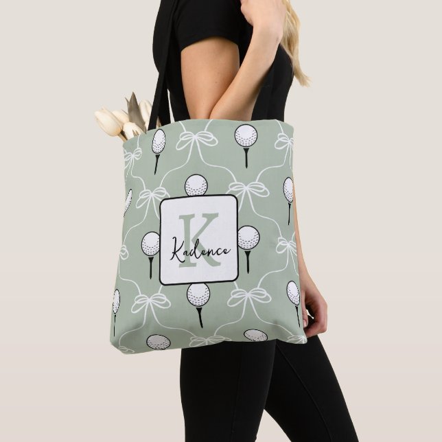 Preppy Sage White Bow Golf Pattern Monogram  Tote Bag (Close Up)