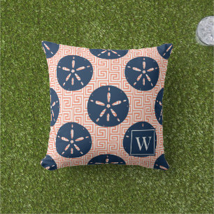 Preppy Sand Dollar Greek Key Navy & Coral Monogram Cushion