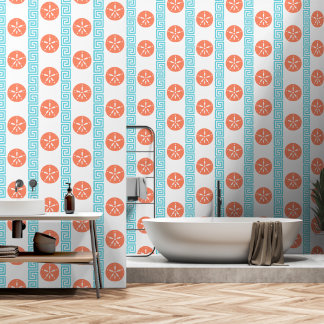Preppy Sand Dollar Greek Key Turquoise & Coral Wallpaper