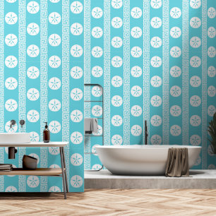 Preppy Sand Dollar Greek Key Turquoise & White Wallpaper