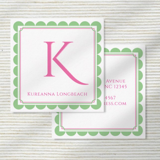 Preppy Scallop Monogram Pink & Mint Green Calling Enclosure Card (Creator Uploaded)