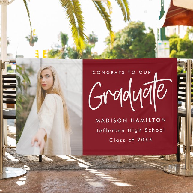 Preppy Script Burgundy Photo Graduation Banner (Creator Uploaded)