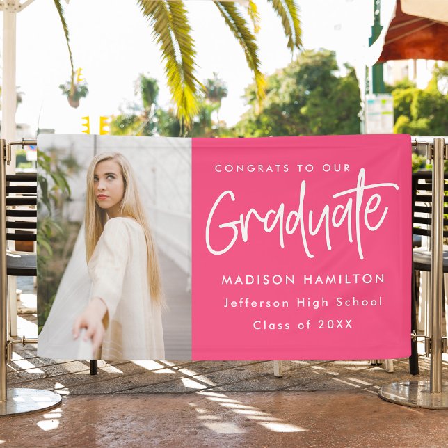 Preppy Script Hot Pink Photo Graduation Banner (Creator Uploaded)