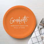 Preppy Script Orange Graduation Paper Plate<br><div class="desc">Add a special touch to your graduation party with personalised graduation paper plates! The paper plates display "Graduate" in a white handwritten script with an orange background or colour of your choice. Personalise the graduation plates by adding the graduate's name and graduation year.</div>