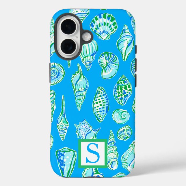 Preppy Sea Shells on Blue Background Monogram Case-Mate iPhone Case (Back)