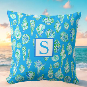 Preppy Sea Shells on Blue Monogram Seaside Cushion