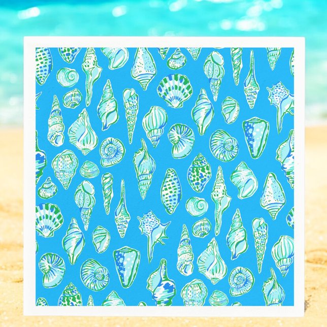 Preppy Sea Shells on Blue Seaside Coastal Napkin (Creator Uploaded)