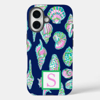 Preppy Sea Shells on Navy Blue Background Monogram