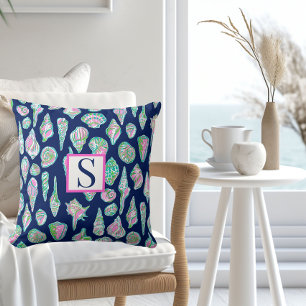 Preppy Sea Shells on Navy Blue Background Seaside Cushion
