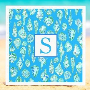 Preppy Seashell Monogram / Blue Coastal Beach  Napkin