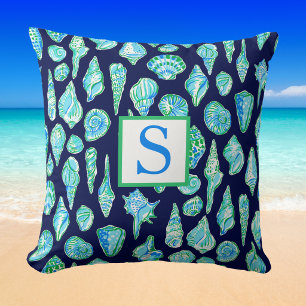 Preppy Seashells Monogram / Coastal Beach Navy Cushion