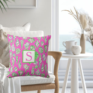 Preppy Seashells / Monogram Pink Coastal Beach Cushion
