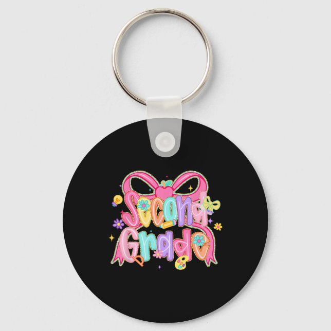 Preppy Second Grade Back To School Coquette Bow Te Key Ring (Front)