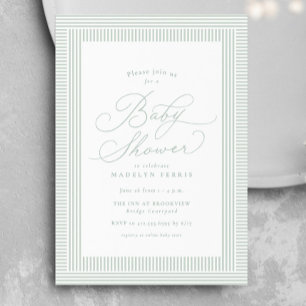 Preppy seersucker stripe neutral green baby shower invitation
