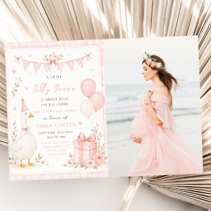 Preppy Silly Goose Pink Bow Girl Baby Shower Photo Invitation