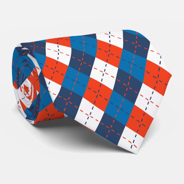 Preppy Sky Blue Navy Blue Orange White Argyle  Tie (Rolled)