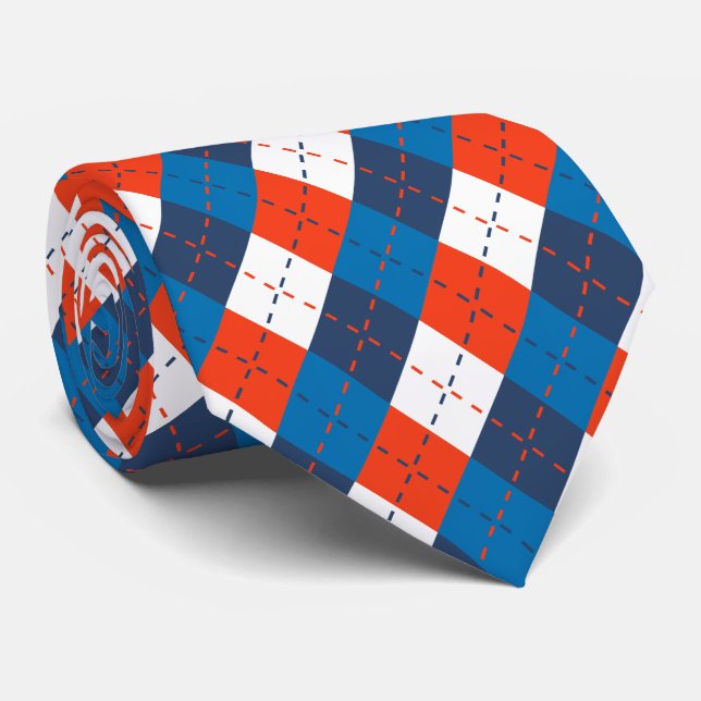 Preppy Sky Blue Navy Blue Orange White Argyle  Tie (Rolled)