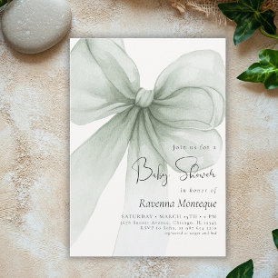 Preppy Soft Green Bow Coquette Clean Baby Shower Invitation